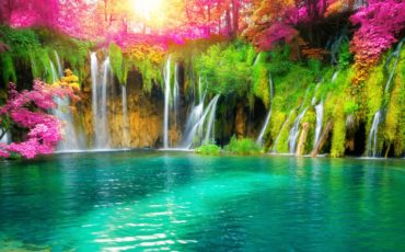 slapovi, ki osvetljeni s soncem padajo v jezero, nad katerim je živo roza cvetoče grmovjegrmovje