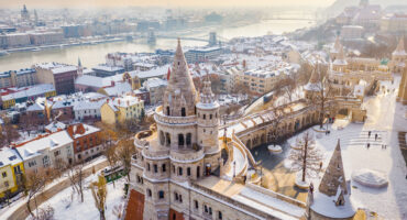 Budapest,,Hungary,-,Aerial,View,Of,The,Snowy,Fisherman's,Bastion