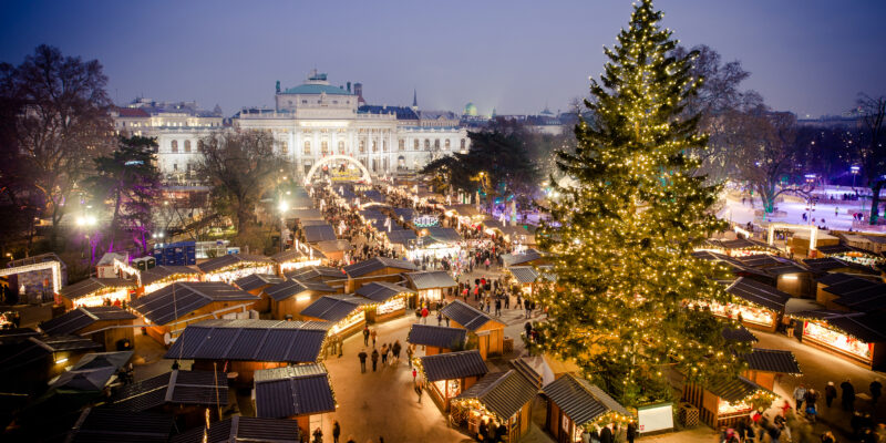 Vienna,Traditional,Christmas,Market,2016,,Aerial,View,At,Blue,Hour