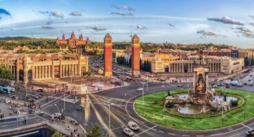 Panoramic,View,Of,Placa,D'espanya.,This,Iconic,Square,Is,Located