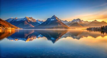 Reflections of mountain peaks on Lake Millstatt's calm waters at sunrise, mountains, water,  mountains, water, sky